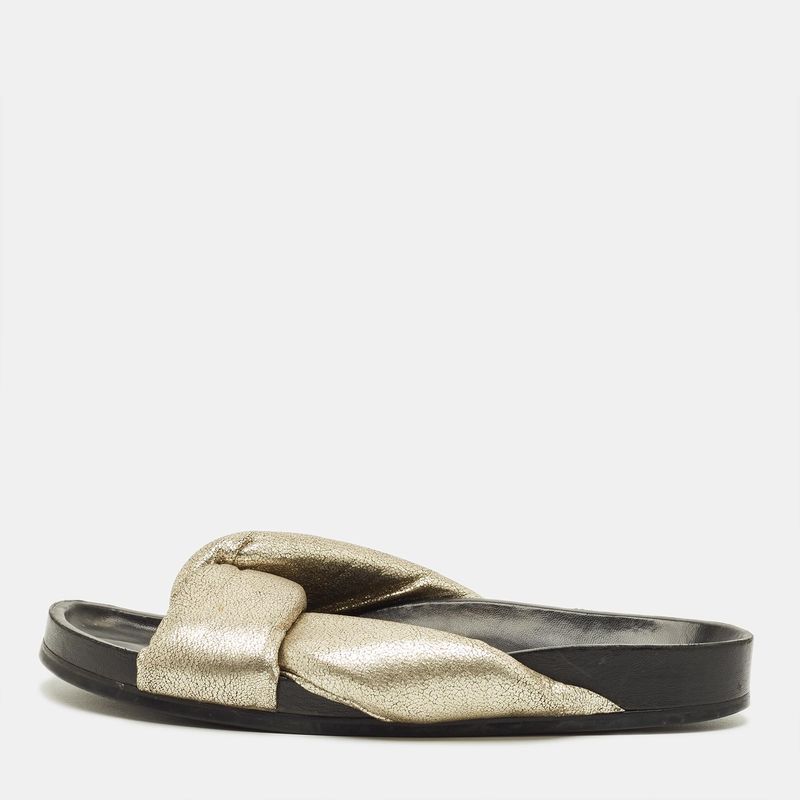 Chloe Size 41 Gold Leather Crisscross Flat Slides
